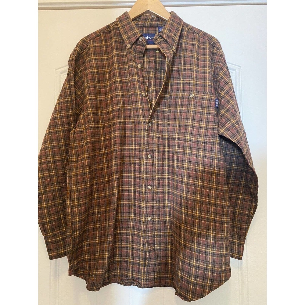 New OOBE Men Brown Plaid Flannel Long Sleeve Button Down‎ Shirt VINTAGE Soft MED